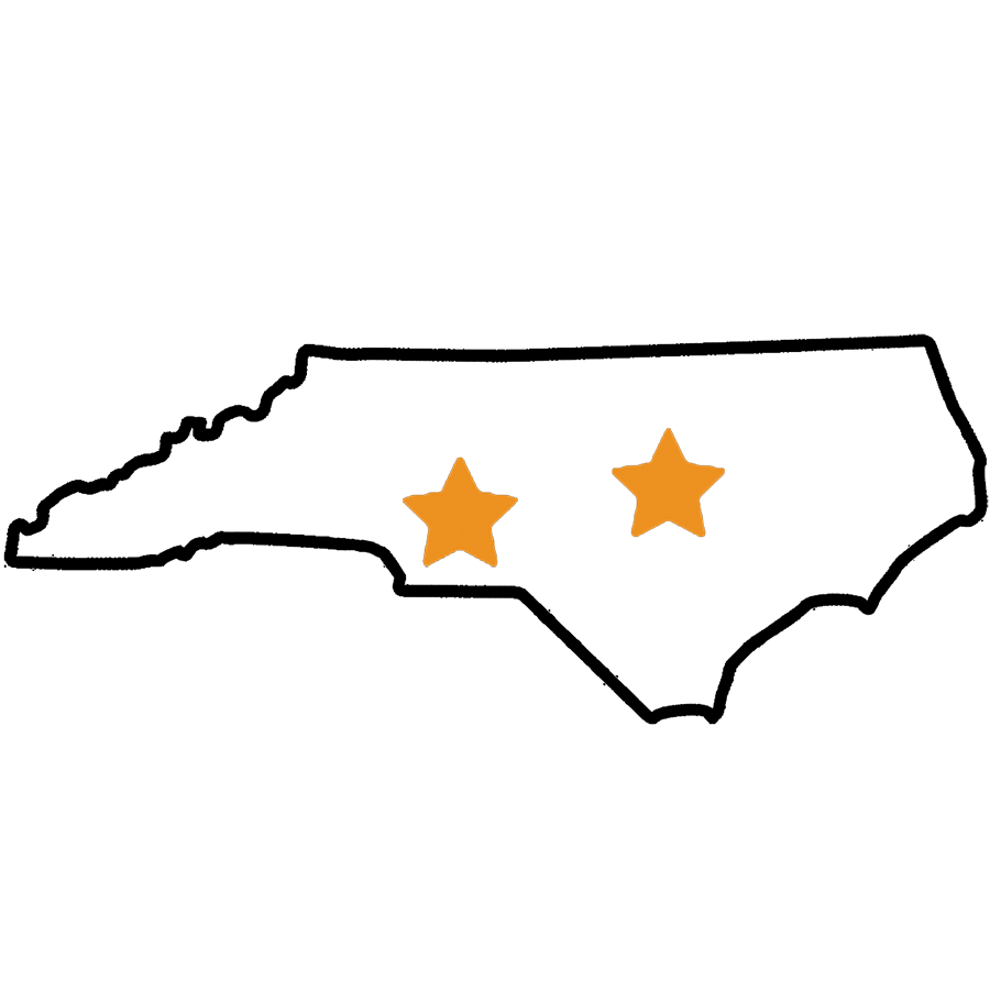 An icon of North Carolina state outline with stars over Charlotte & Raleigh