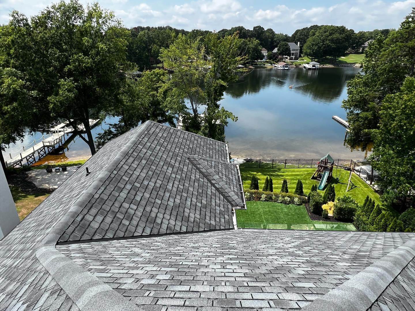Aerial view of roof with Lake Norman in background
